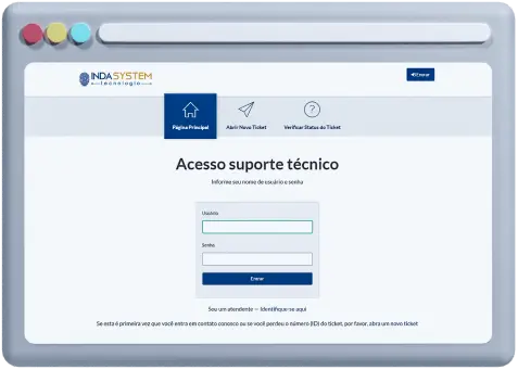 Plataforma de suporte Indasystem exibida em monitor