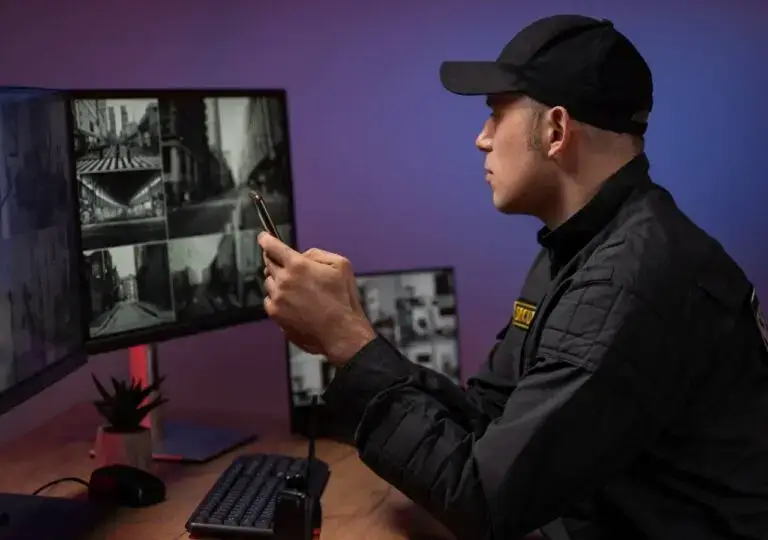 Operador acompanhando monitores de controle de acesso